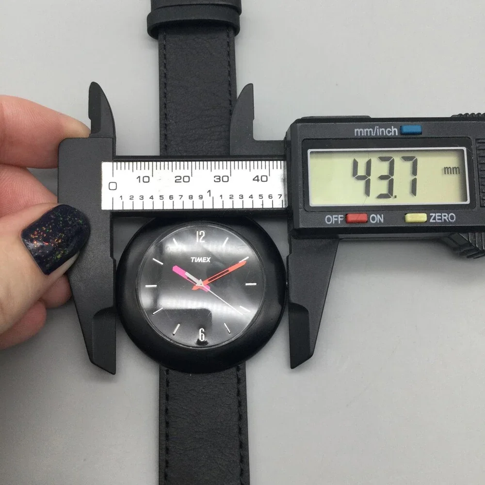 Timex Mens Watch 44mm Black Dial Black Leather Strap Neon Hands New Battery